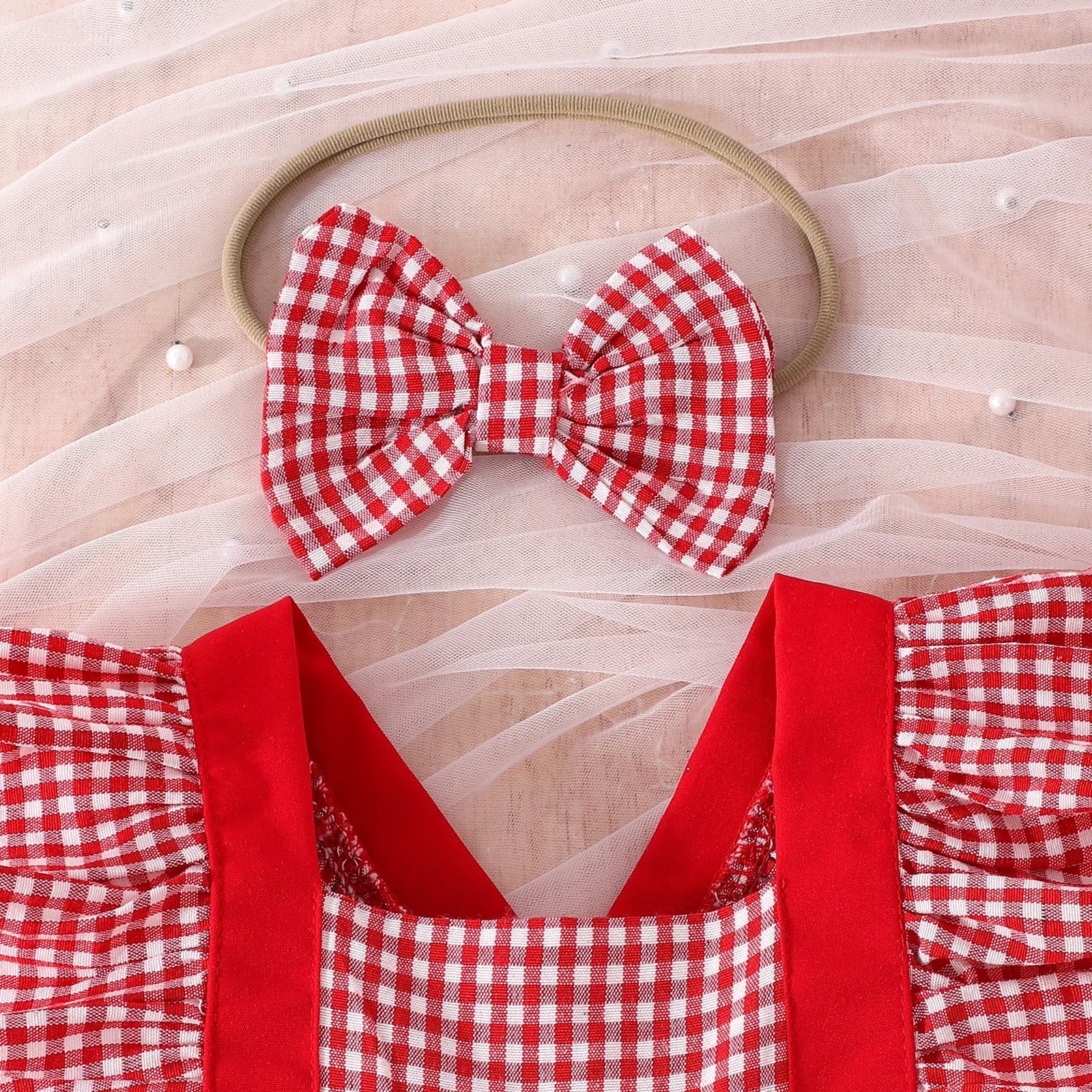 2PCS Sweet Cherry Plaid Printed Sleeveless Baby Romper