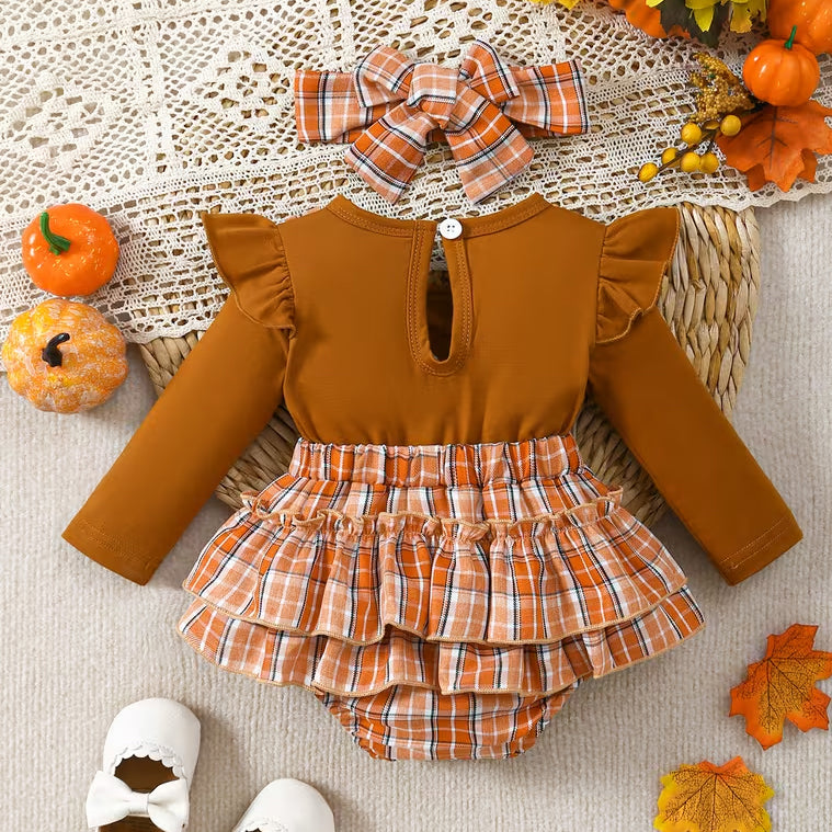 2PCS Thanksgiving Turkey Applique Plaid Printed Long Sleeve Baby Romper