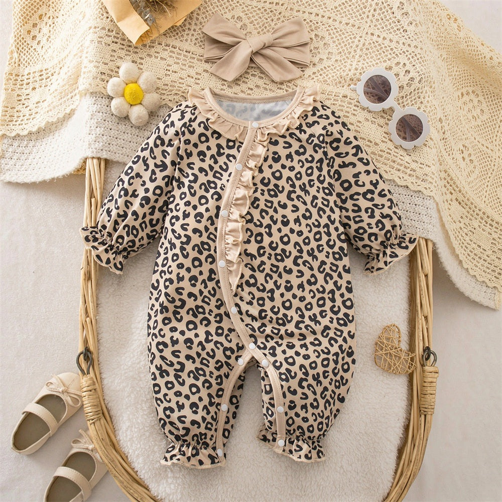 2PCS Adorable Leopard Print Ruffle Long Sleeve Baby Jumpsuit