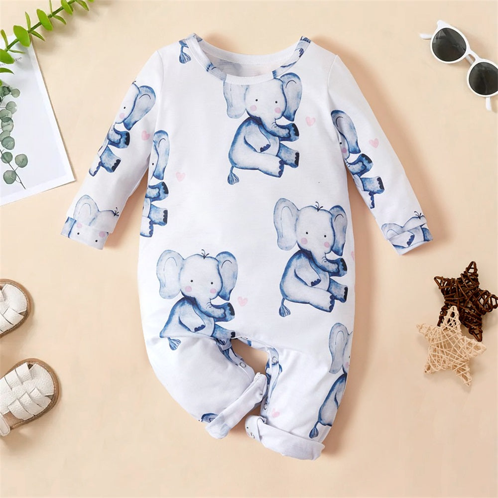 Adorable Elephant Print Long Sleeve Baby Jumpsuit