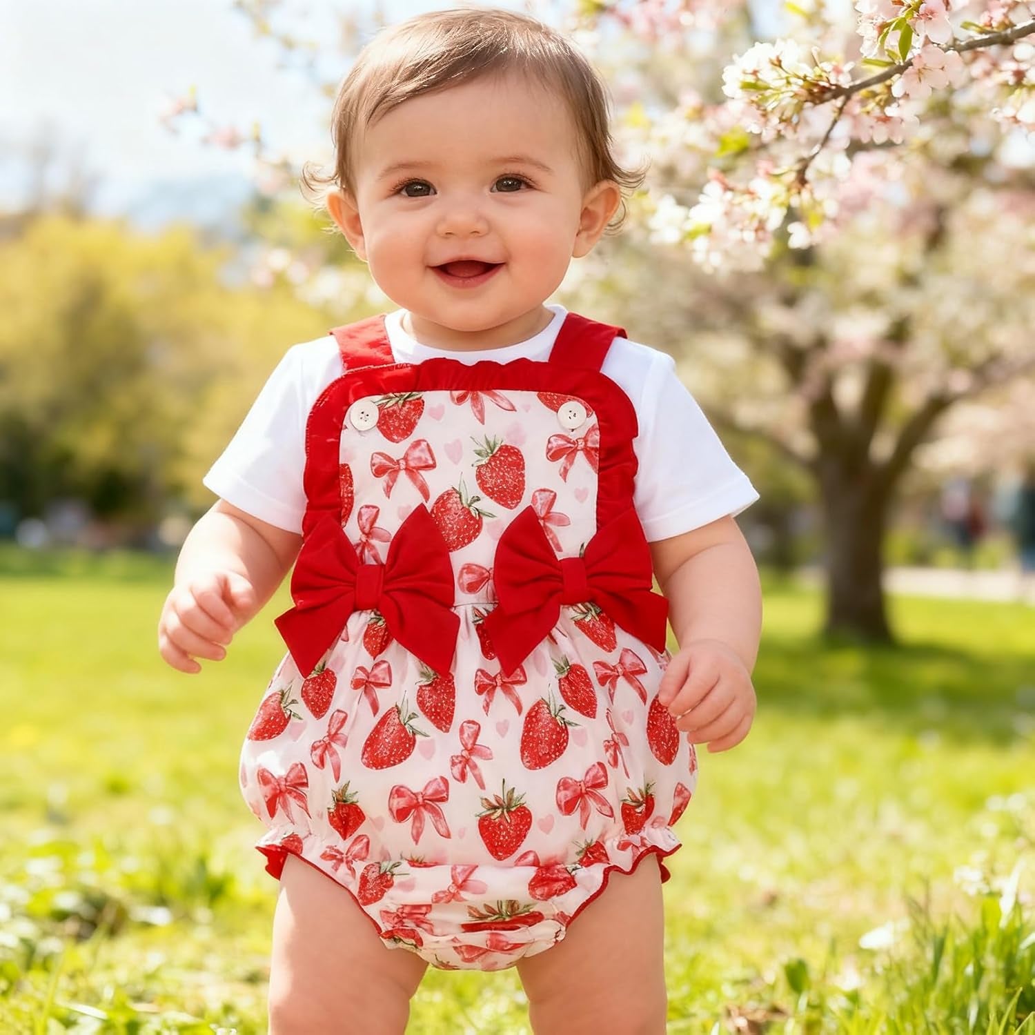 2PCS Sweet Strawberry & Bow Printed Sleeveless Baby Romper
