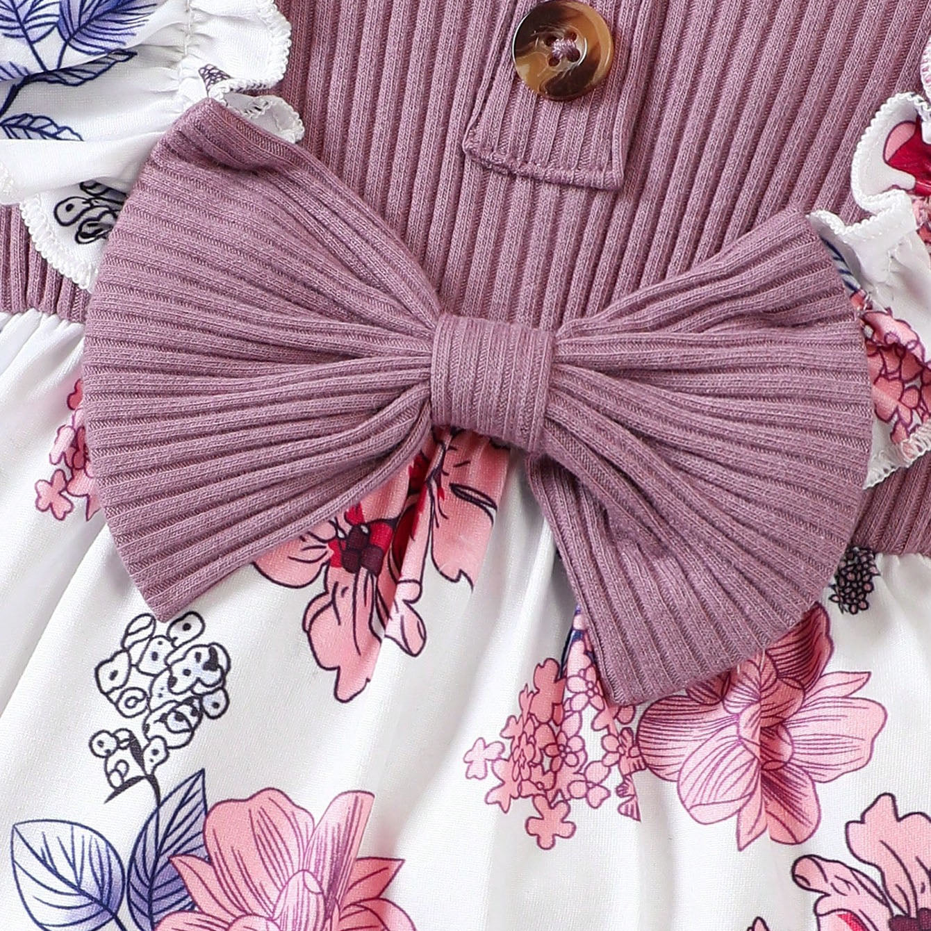 2PCS Floral Print Bow Long Sleeve Baby Girl Jumpsuit