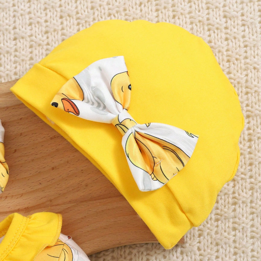 3PCS Little Yellow Duck Print Long Sleeve Baby Girl Jumpsuit