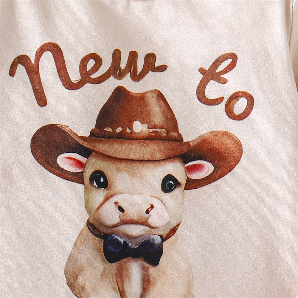 3PCS New To The Herd Letter Cow Print Long Sleeve Baby Set