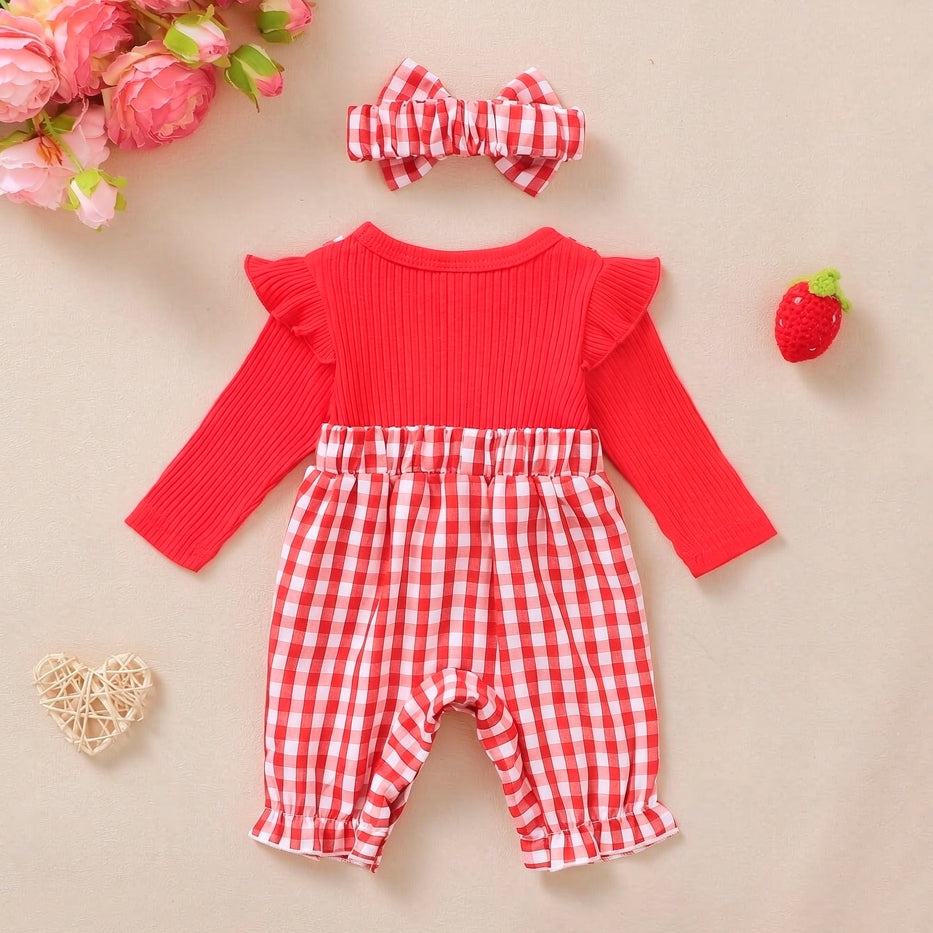 2PCS Strawberry Applique Plaid Print Faux Two Piece Baby Girl Jumpsuit