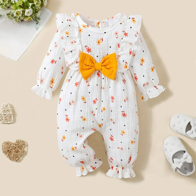 Allover Lovely Floral Printed Bow Long Sleeve Baby Jumpsuit