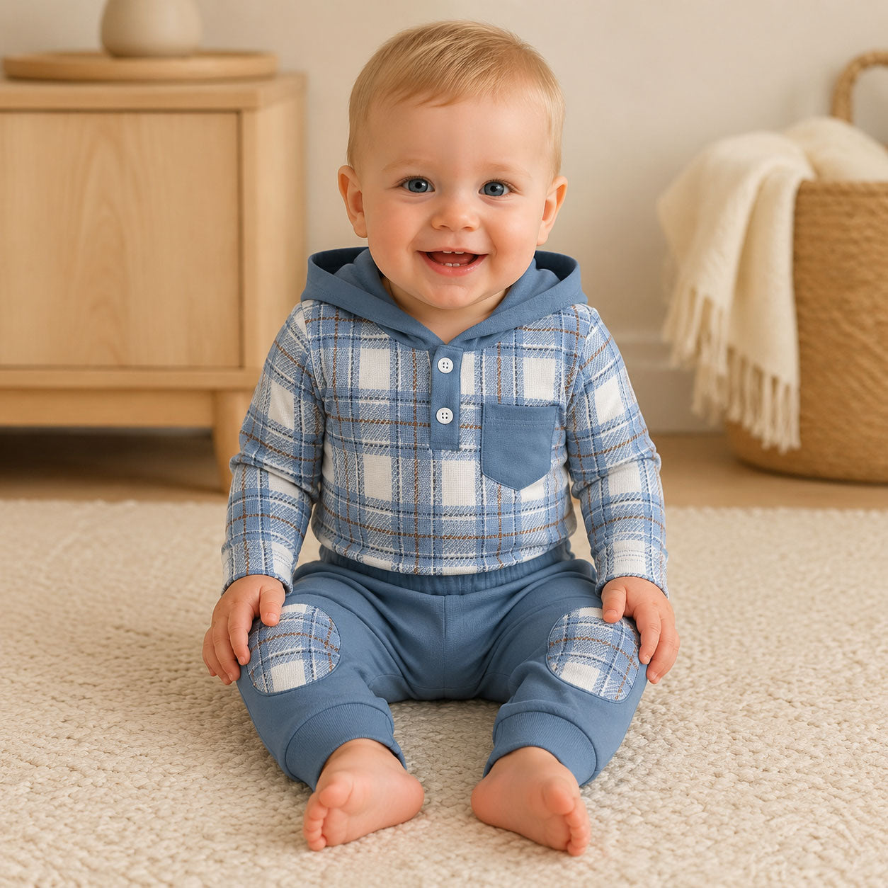 2PCS Casual Plaid Printed Long Sleeve Hoodie Baby Boy Set
