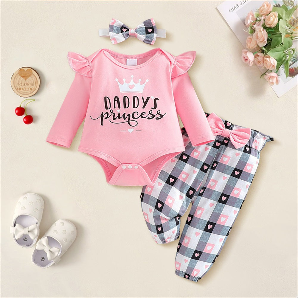 3PCS Daddy's Princess Letter Print Plaid Long Sleeve Baby Set