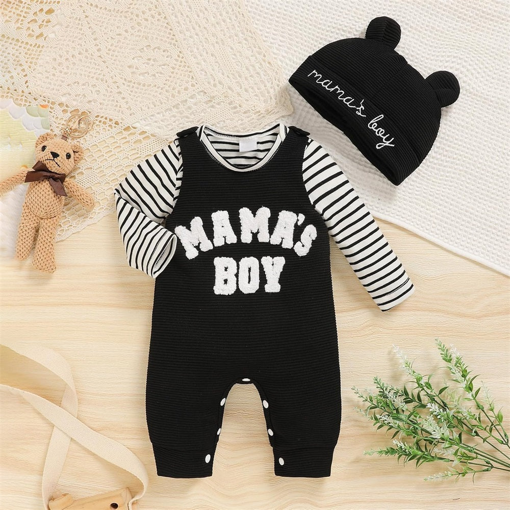 3PCS Mama's Boy Letter Embroidery Striped Baby Overalls Set