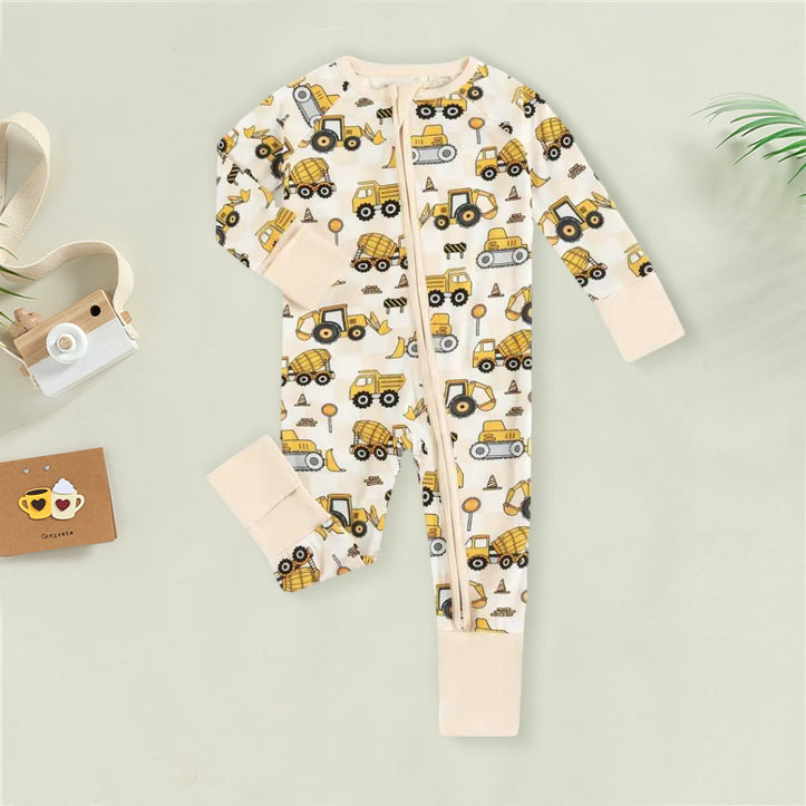 Excavator Printed Zipper Bamboo Viscose Baby Jumpsuit