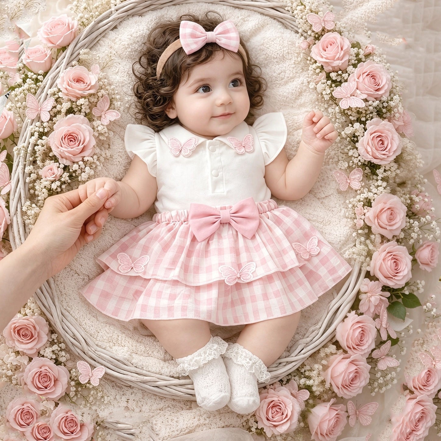 2PCS Plaid Print Butterfly Appliqués Flutter Sleeve Baby Set
