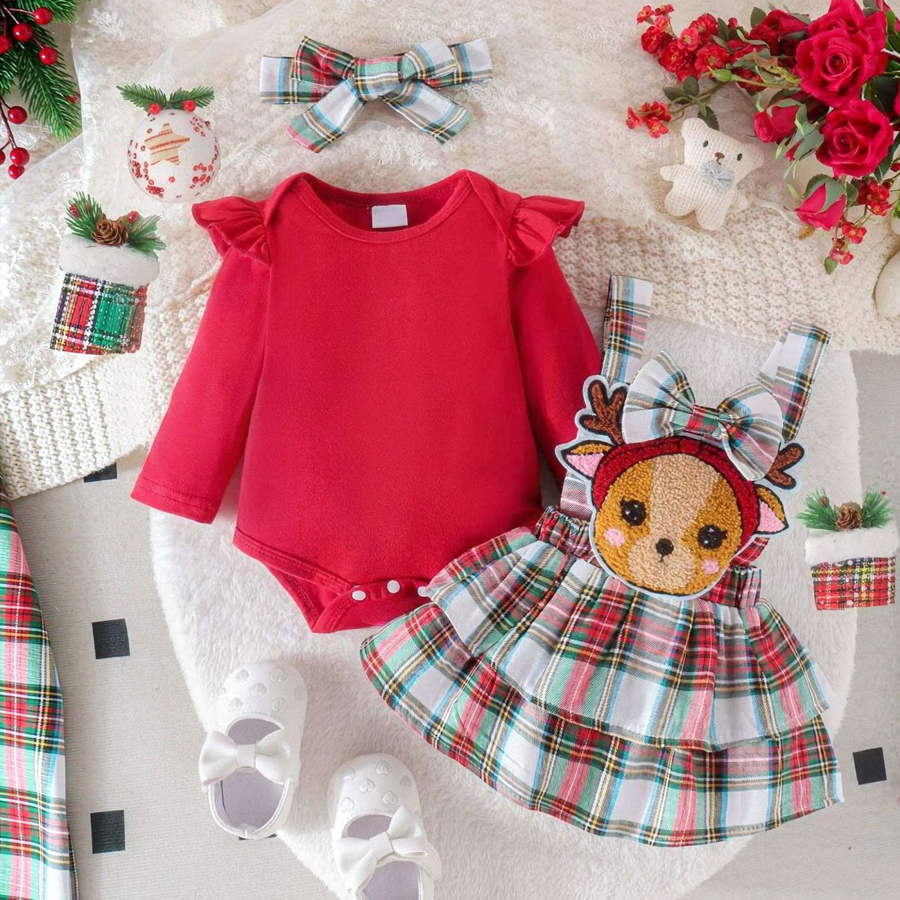 3PCS Lovely 3D Deer Appliqué Plaid Printed Baby Overall Dress Set