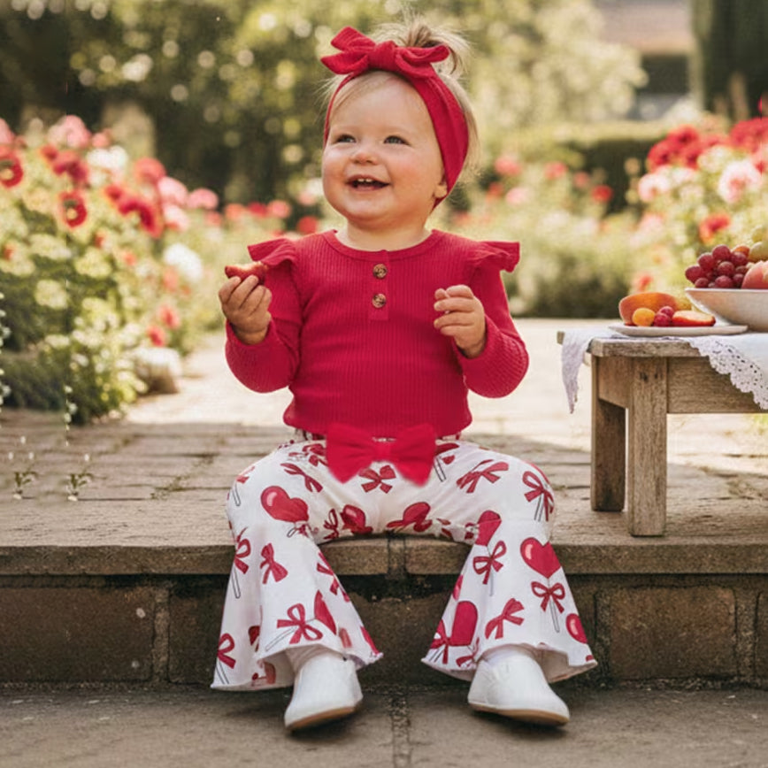 3PCS Grace Bow Heart Print Baby Set
