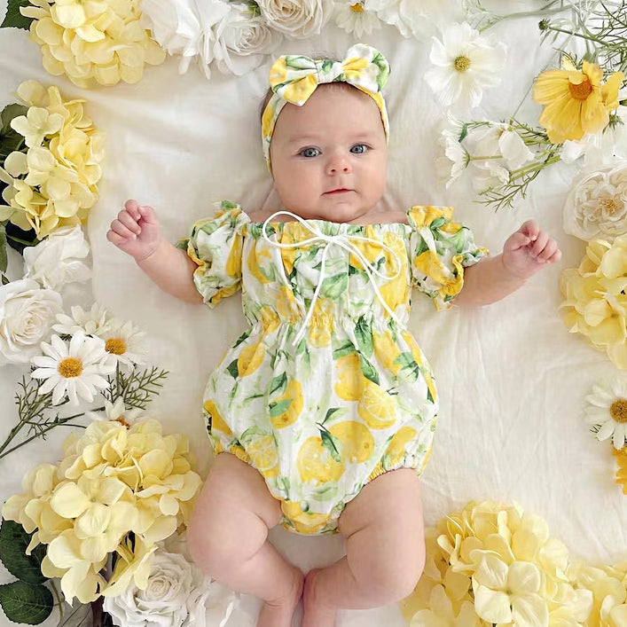 2PCS Lovely Lemon Print Short Sleeve Baby Romper