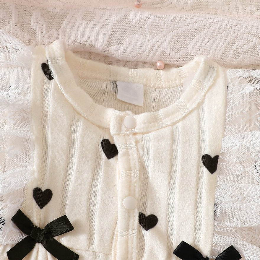 Elegant Heart Print Lace Trim Long Sleeve Baby Girl Jumpsuit