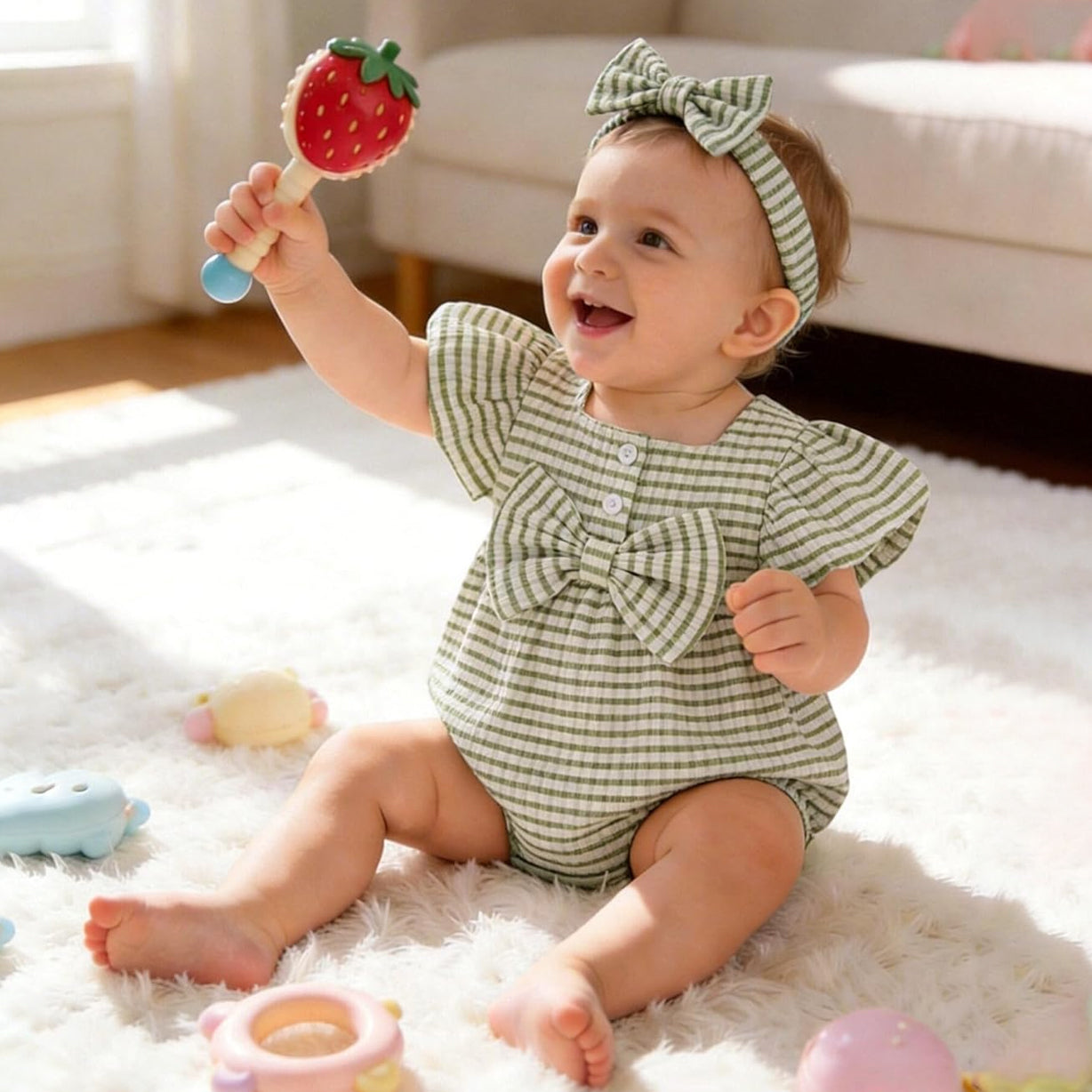 2PCS Comfy Stripe Print Bowknot Flutter Sleeve Baby Romper