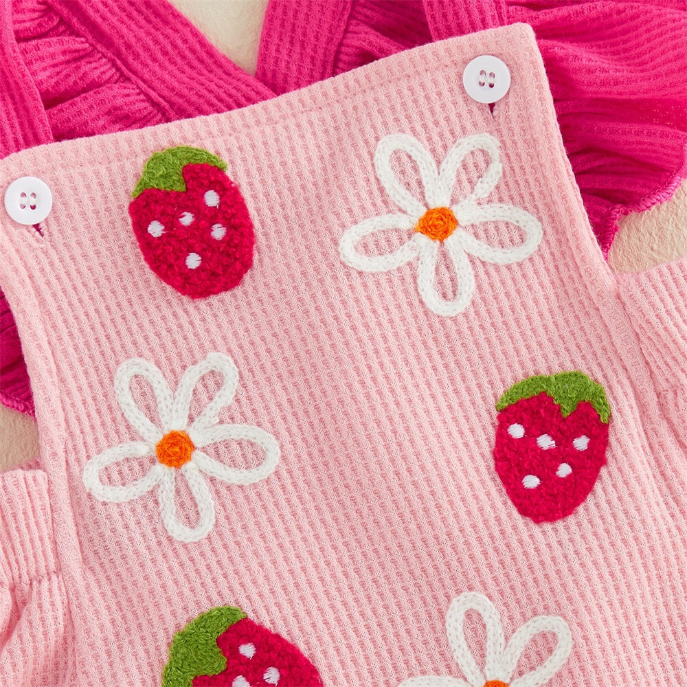 2PCS Strawberry Embroidery Flounce Sleeve Baby Romper