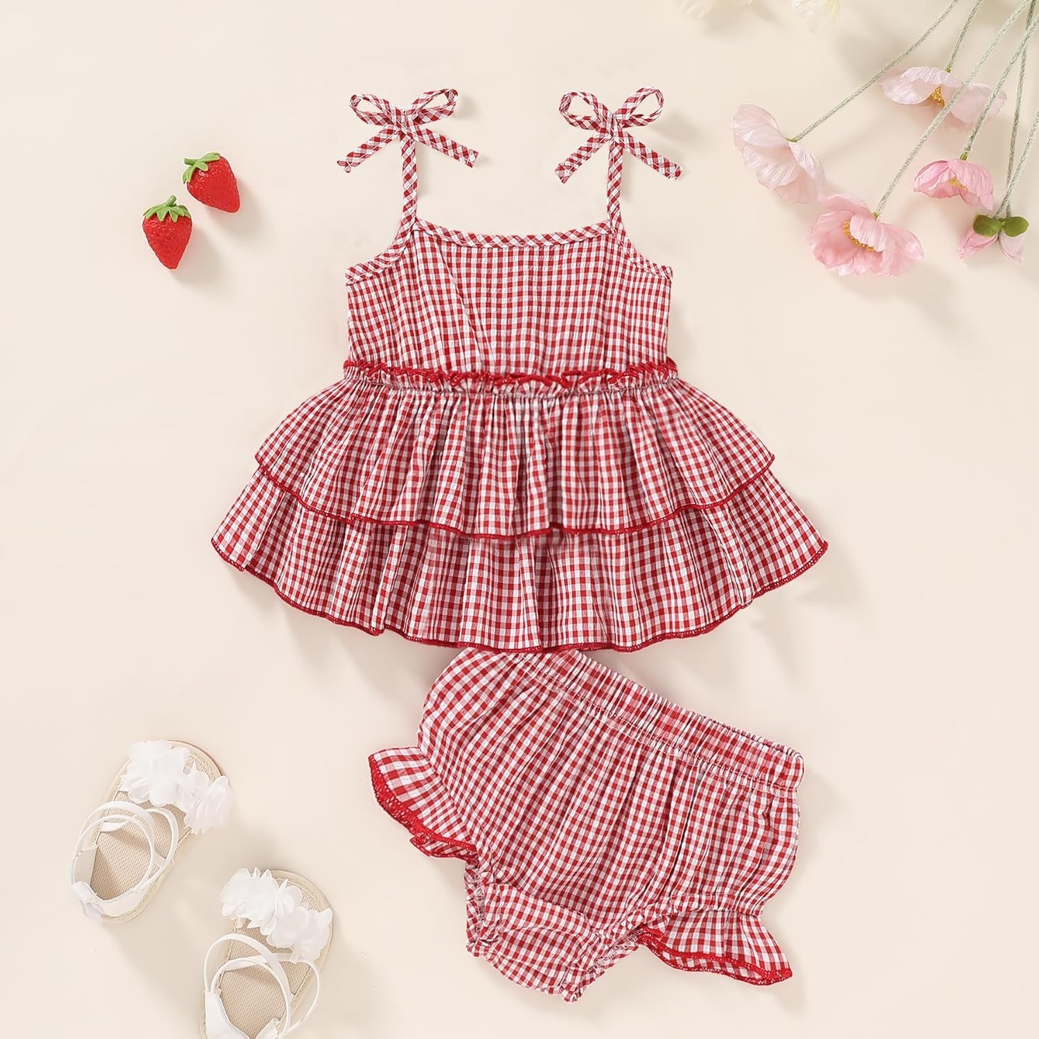 2PCS Summer Plaid Printed Sleeveless Ruffle Baby Set