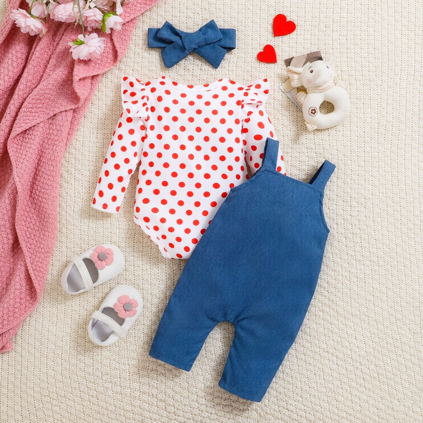 3PCS Lovely Elephant Embroidery Polka Dots Printed Overalls Baby Girl Set
