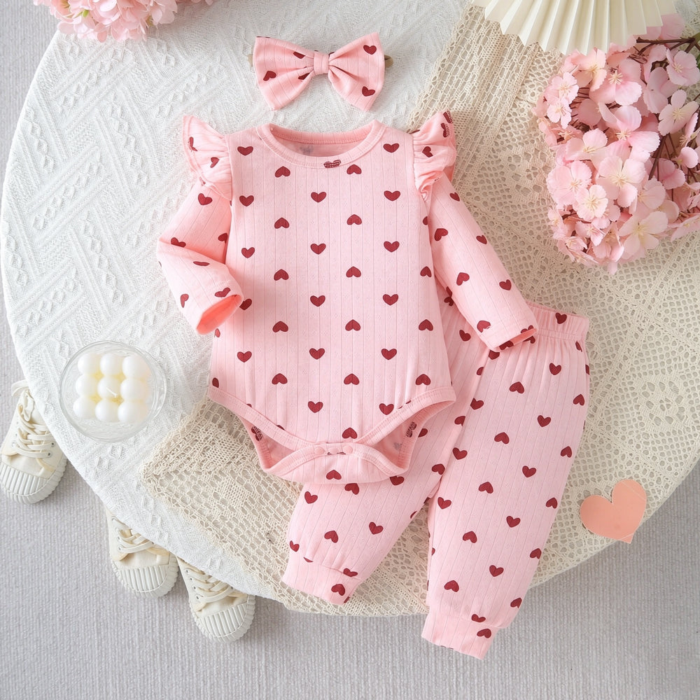 3PCS Comfortable Heart Print Long Sleeve Baby Set