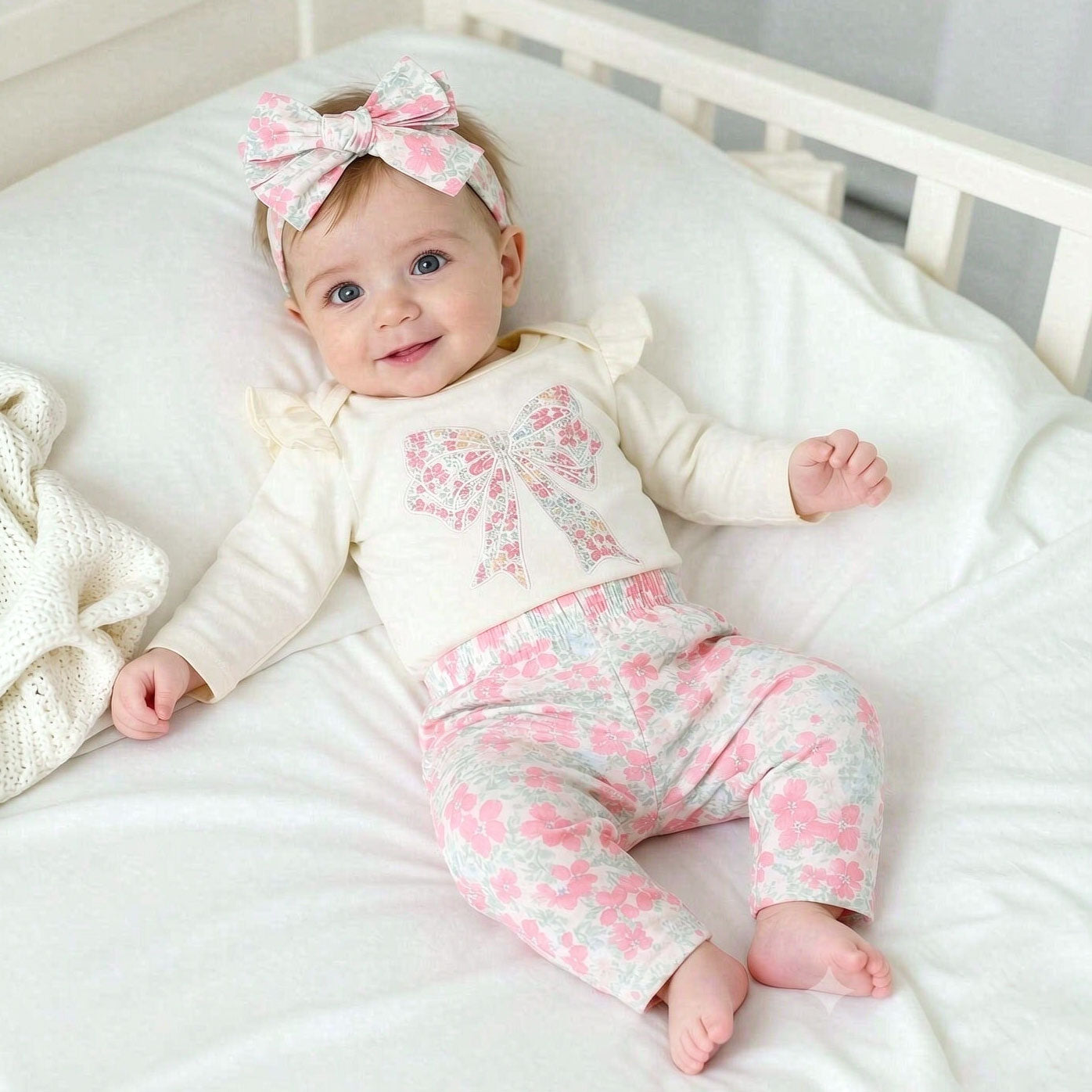 3PCS Pretty Bow Floral Printed Long Sleeve Baby Girl Set
