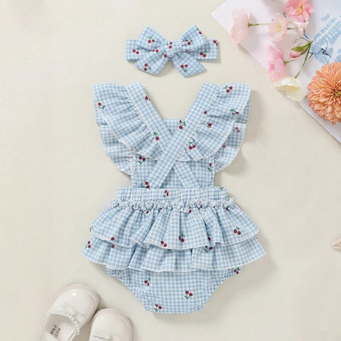 2PCS Plaid Cherry Printed Fly Sleeve Baby Romper