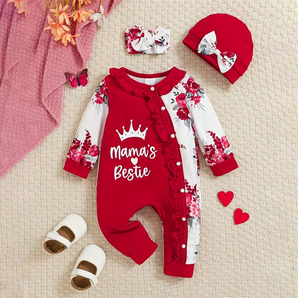 3PCS Mama's Bestir Letter Floral Print Long Sleeve Baby Jumpsuit
