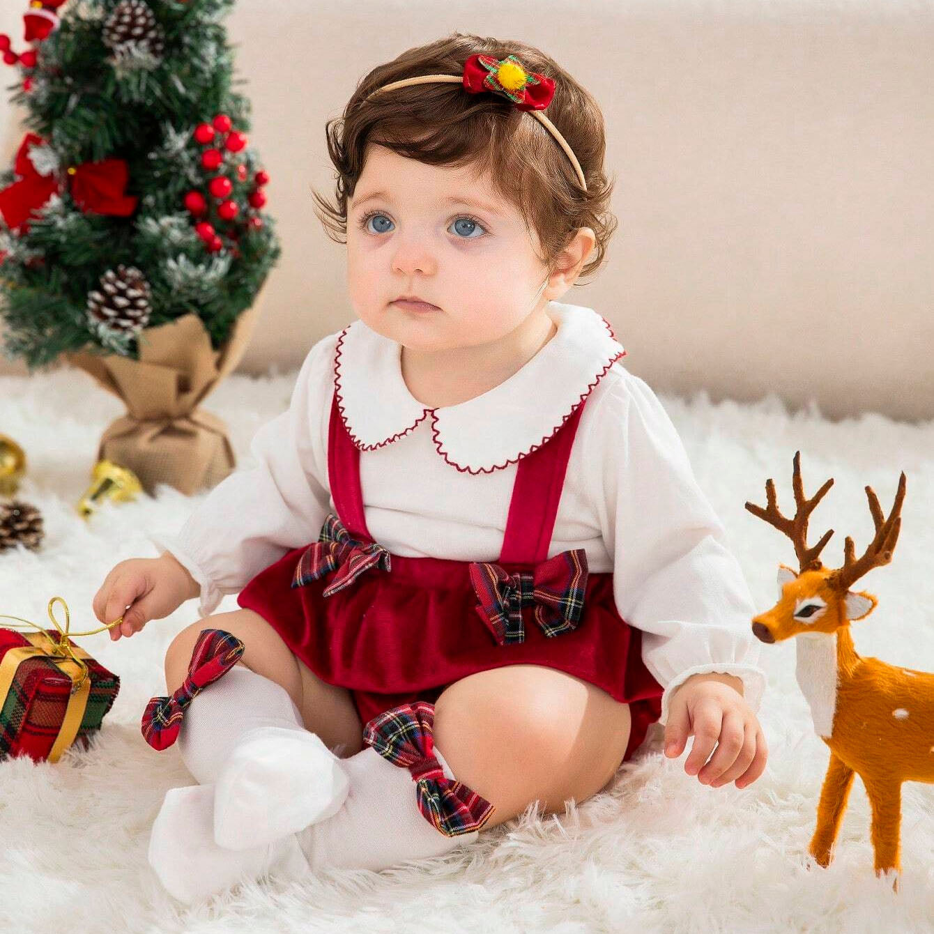 2PCS Christmas Velvet Solid Color Plaid Printed Baby Romper