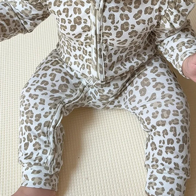 2PCS Allover Leopard Printed Zipper Baby Jumpsuit