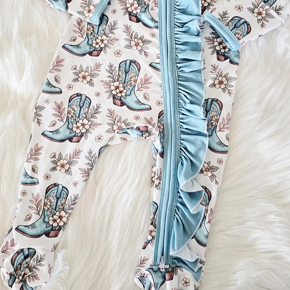 Western Floral Cowgirl Boots Print Zipper Long Sleeve Baby Jumpsuit