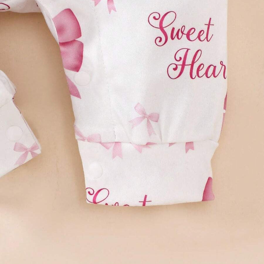2PCS Sweet Heart Letter Bow Printed Long Sleeve Jumpsuit