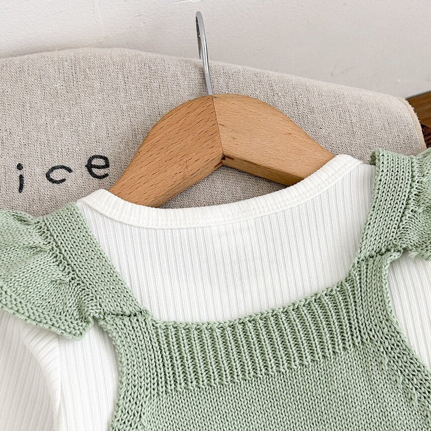 Sweet Floral Faux Two-Piece Long Sleeve Knit Baby Girl Jumpsuit