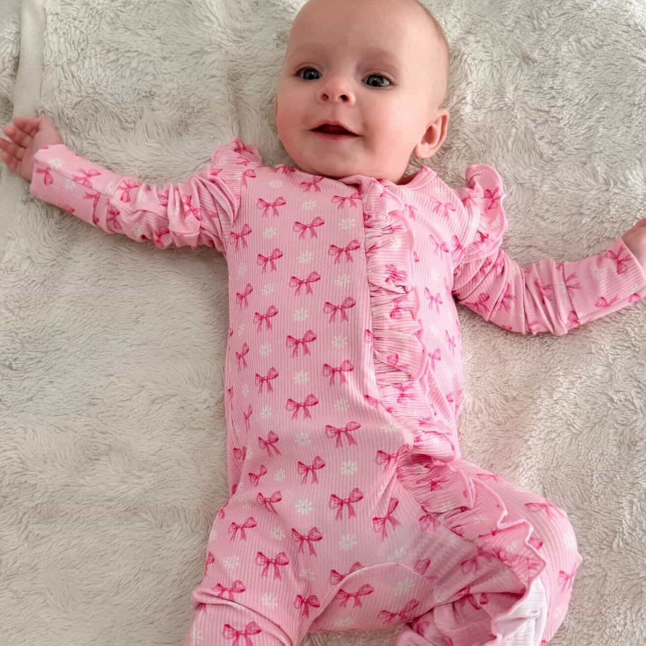 2PCS Adorable Bow Print Long Sleeve Zipper Baby Jumpsuit