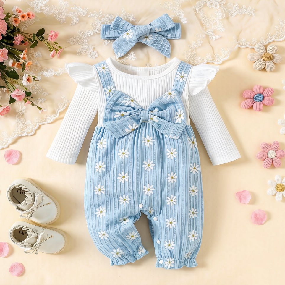 2PCS Sweet Daisy Print Bow Long Sleeve Baby Jumpsuit