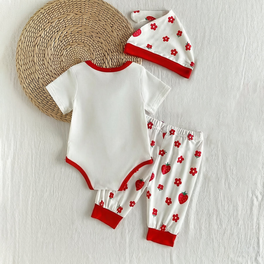 3PCS Vibrant Strawberry & Floral Print Short Sleeve Baby Set