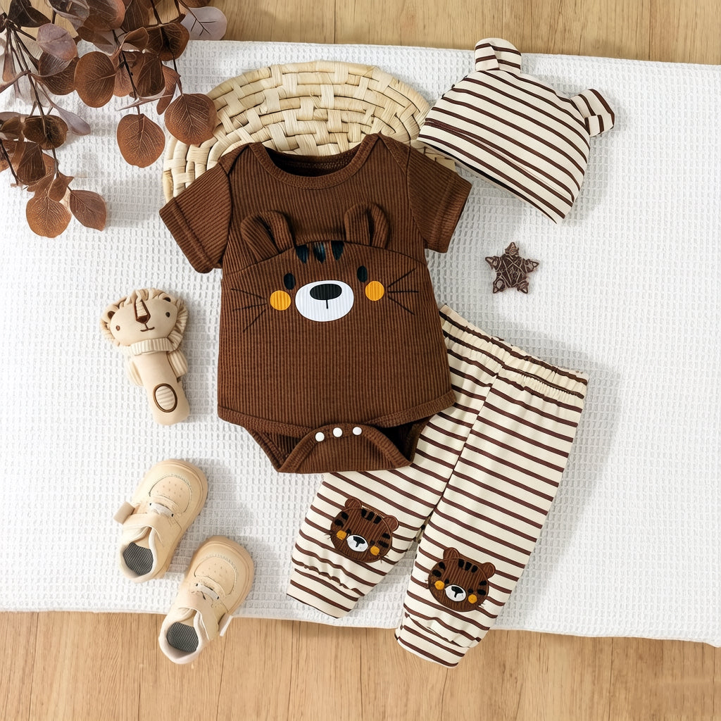 3PCS Cute Tiger Appliqué Stripe Print Short Sleeve Baby Set