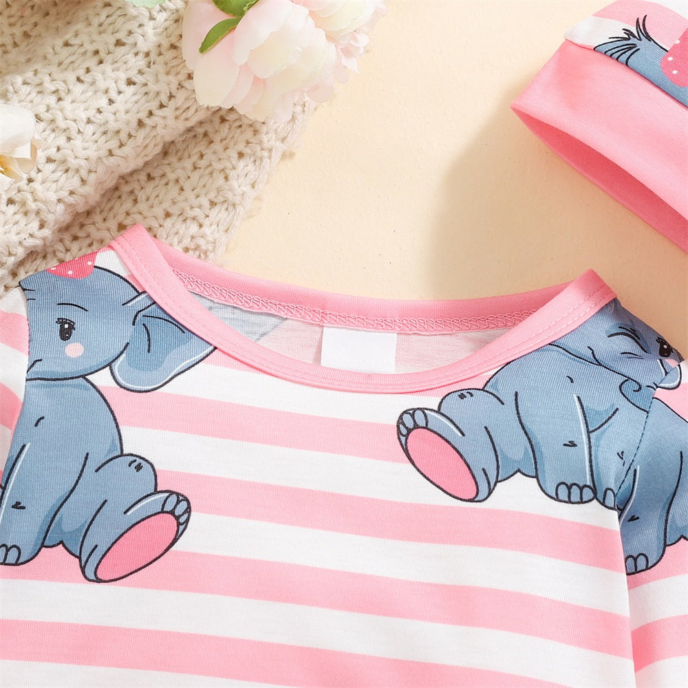 2PCS Lovely Elephant Print Striped Long Sleeve Baby Jumpsuit