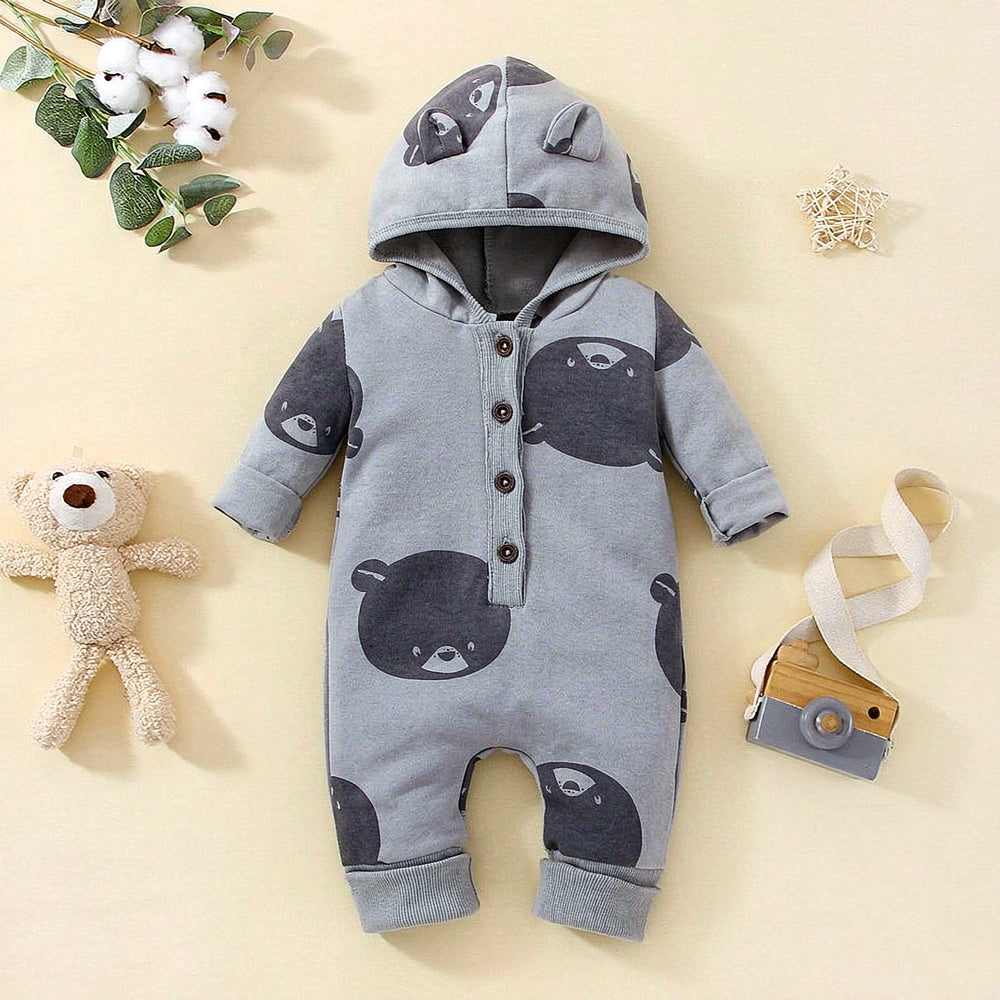 Casual Bear Print 3D Ear Design Long Sleeve Baby Hooded Jumpsuit