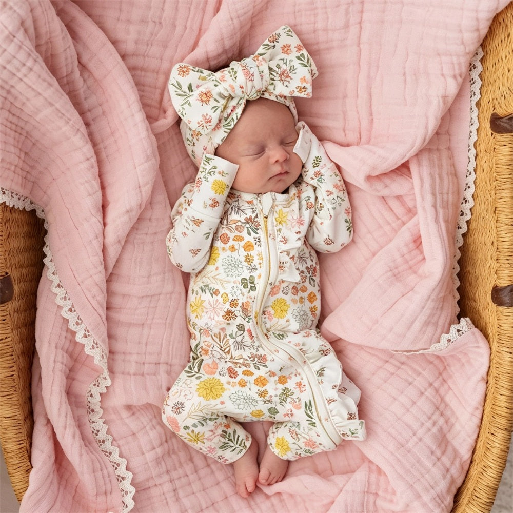 2PCS Adorable Floral Print Ruffle Zipper Long Sleeve Baby Jumpsuit