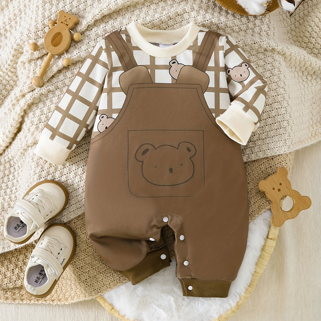 Cartoon Bear and Plaid Printed Long Sleeve Baby Jumpsuit