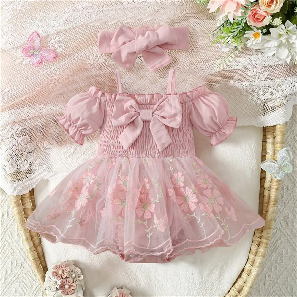 2PCS Spaghetti Strap Off-Shoulder Ruffle Sleeve Floral Embroidery Mesh Baby Romper