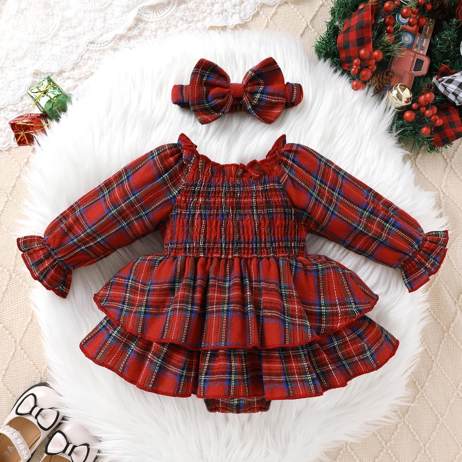 2PCS Festive Retro Plaid Printed Long Sleeve Baby Girl Romper