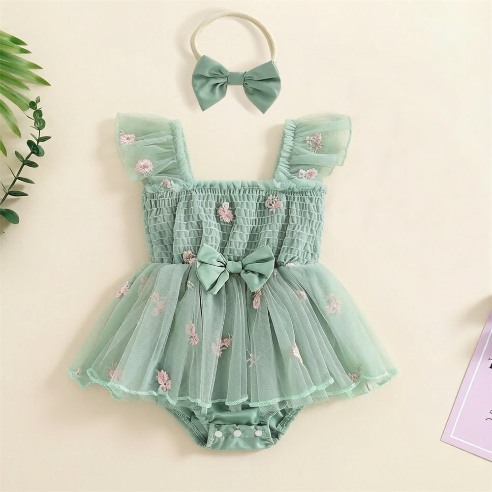2PCS Summer Floral Embroidery Flounce Sleeve Baby Romper