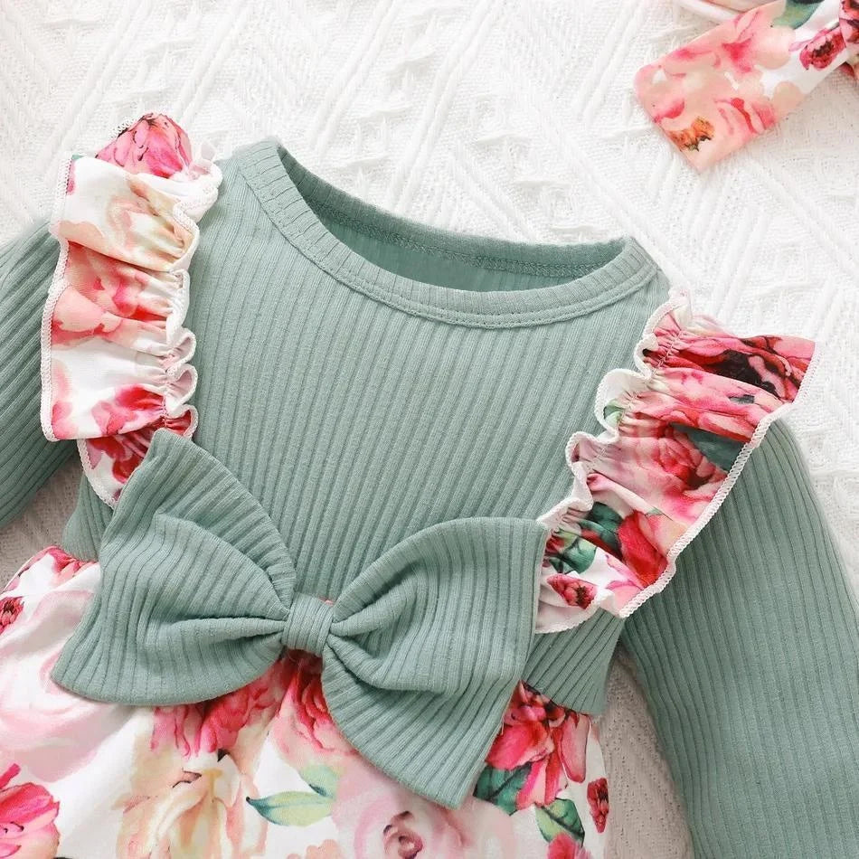 2PCS Endearing Floral Print Bow Long Sleeve Baby Girl Jumpsuit