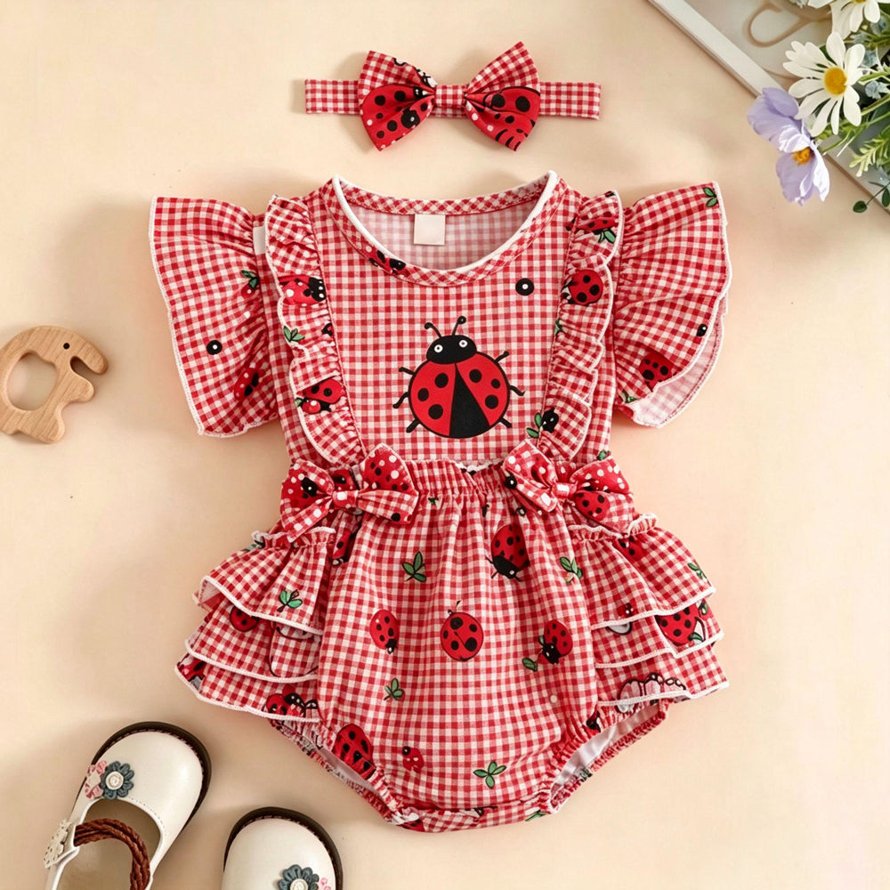 2PCS Cute Ladybug and Plaid Print Flutter Sleeve Baby Romper