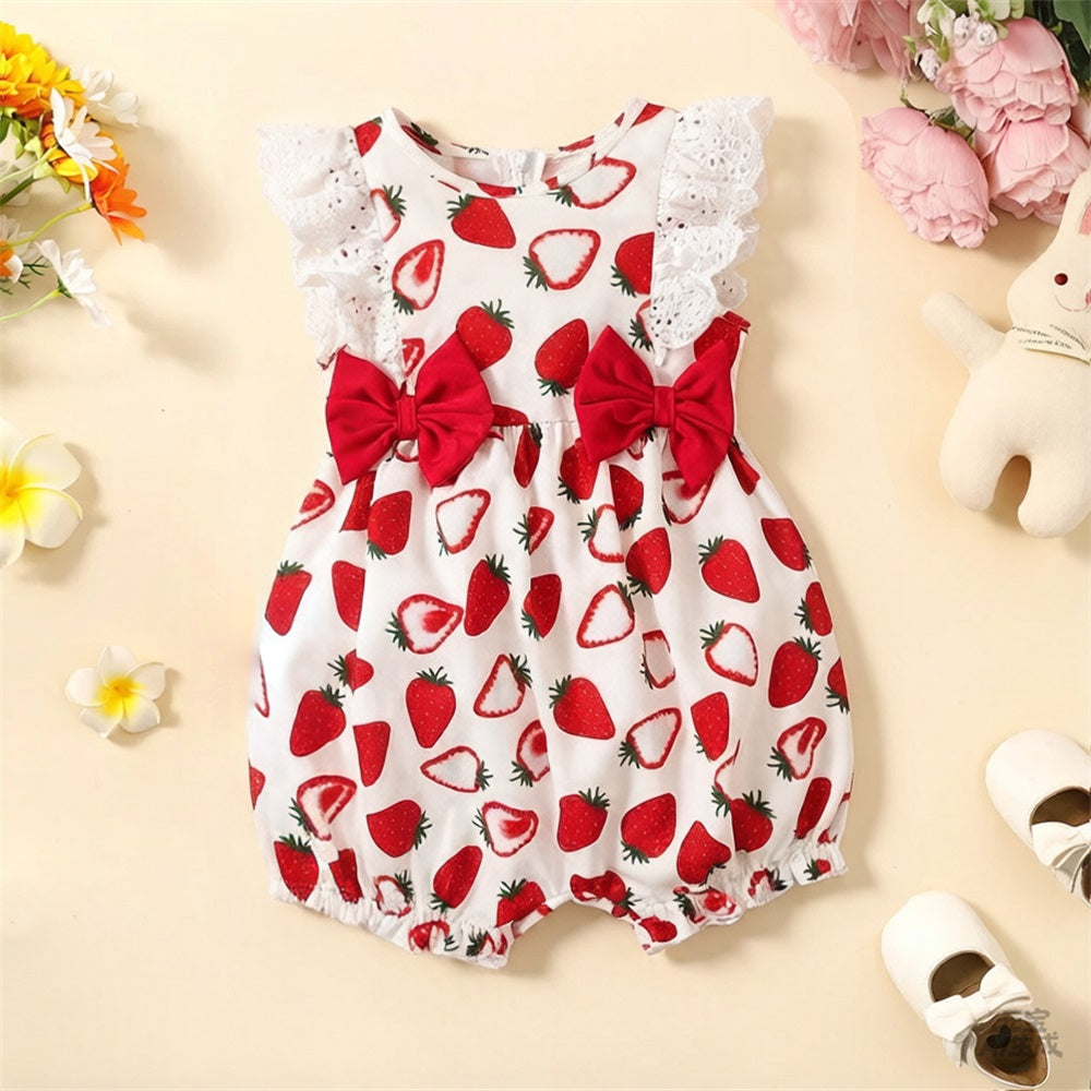 Stylish Strawberry Printed Flounce Sleeve Baby Jumpsuit