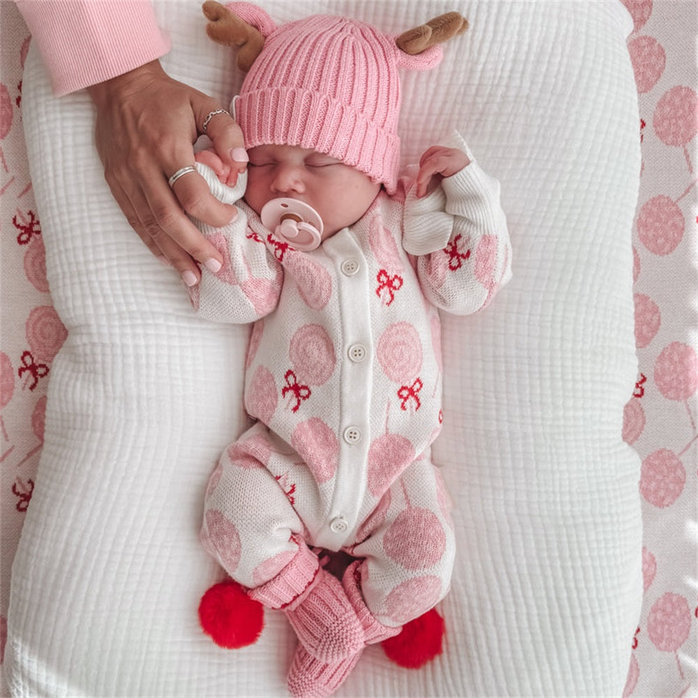 2PCS Sweet Lollipop Print Knit Ruffle Long Sleeve Baby Jumpsuit