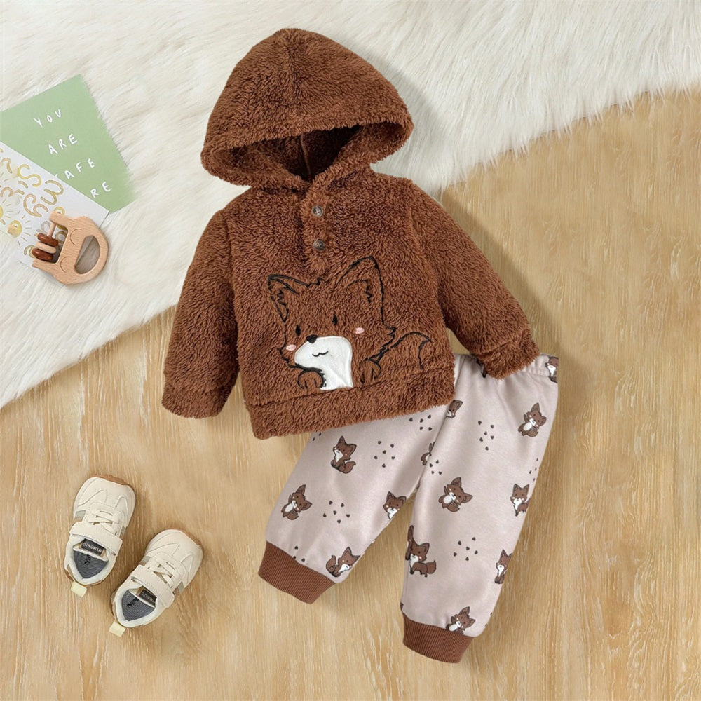 2PCS Cute Fox Print Plush Long Sleeve Baby Hooded Set