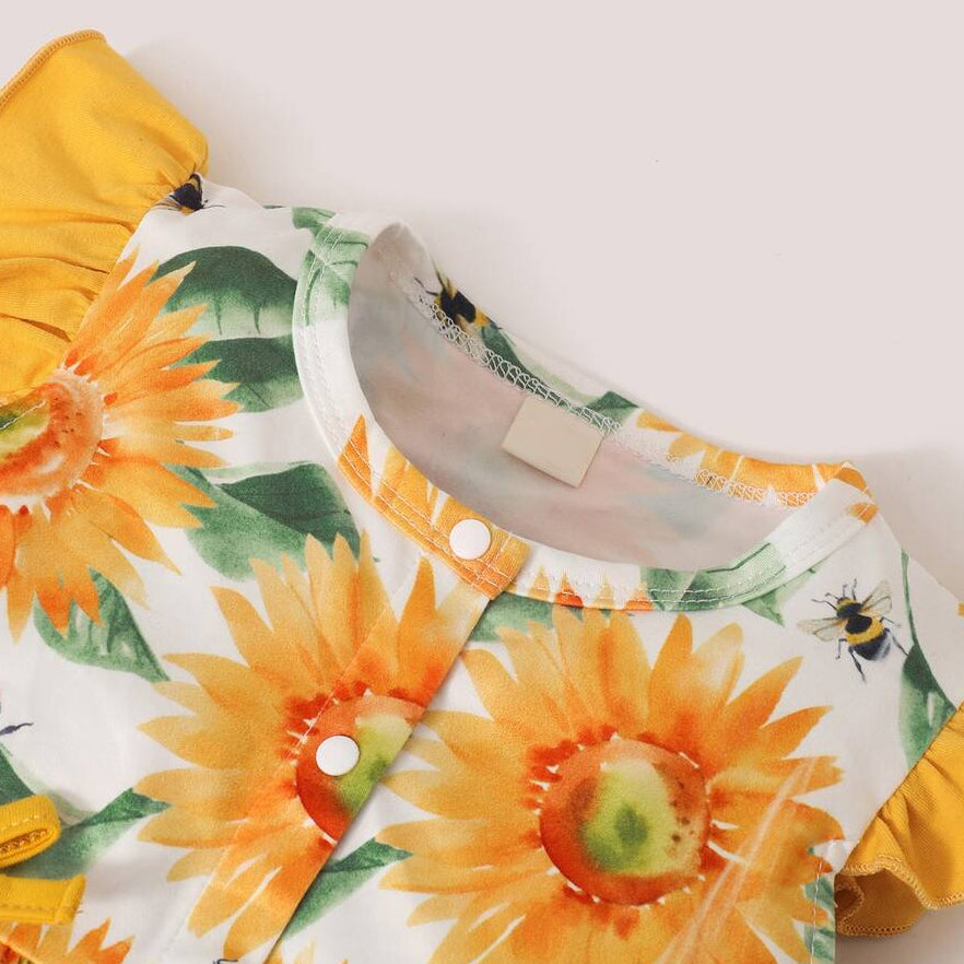 Lovely Sunflower Print Bow Flutter Sleeve Baby Jumpsuit