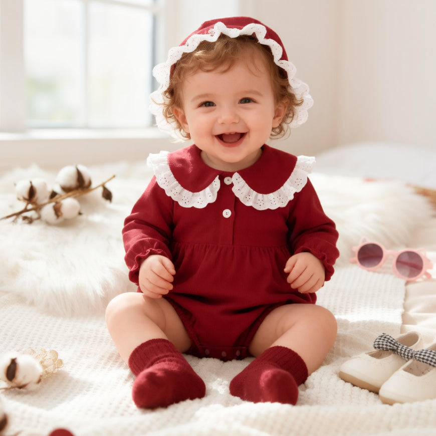 2PCS Solid Color Lace Long Sleeve Baby Romper